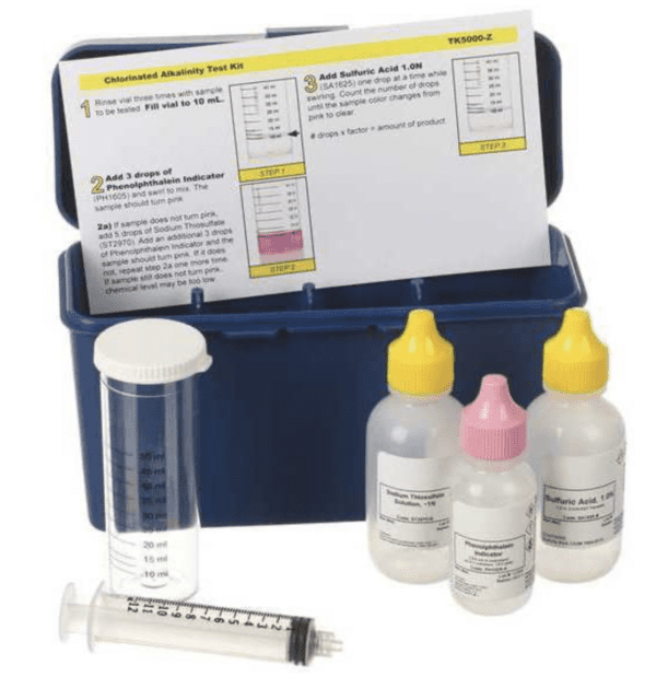 Chlorinated alkalinity test kit with reagents and syringe.